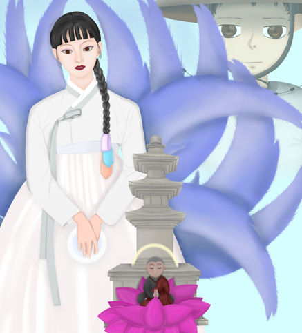 연출가 우연히 민실장의 가족뮤지컬 전설 여우신 공식 포스터. 신비로운 아홉 꼬리를 가진 흰 여우신과 한복을 입은 원광법사, 그리고 즐거워하는 아이들의 모습이 담긴 한국적 판타지 일러스트.