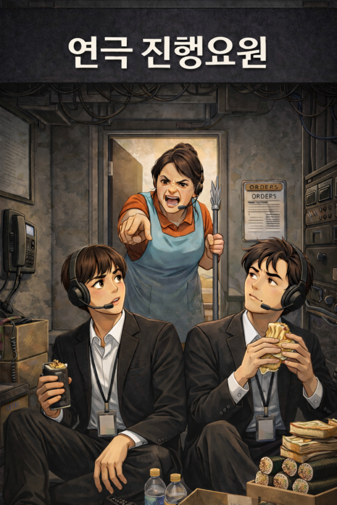 연극 진행요원 : VIP 행사장 세트 뒤편의 좁고 어두운 공간에서 대기 중인 스태프와 간식용 샌드위치