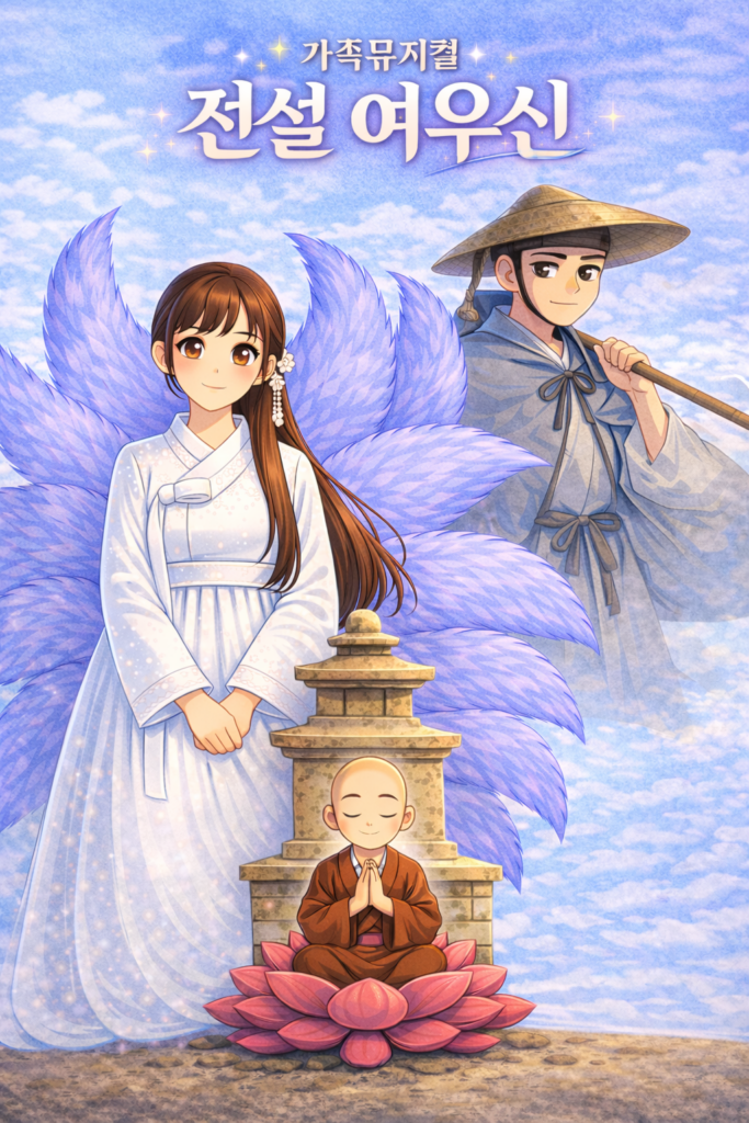 "가족 뮤지컬 전설 여우신 공식 포스터와 민상철 작연출의 공연 소개"